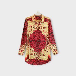 Guess Red Gold Button Up Tunic Blouse Size S